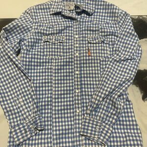 Navy Blue and White Button Down Shirt Lightweight Cotton FR Fire resistance L